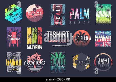 Collection de quatorze t-shirts vectoriels colorés pour l'été, dessins, illustrations Illustration de Vecteur