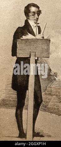 A 1939 un portrait d'esquisse rare et inhabituel de Carl Maria Friedrich Ernst von Weber (1786 - 1826), crédité d'être le 1er chef d'orchestre professionnel à utiliser un bâton. Il est également connu sous le nom de Carl Maria von Weber, Carl von Weber et Carl Weber. Il était un compositeur allemand, chef d'orchestre, pianiste virtuose, guitariste et critique de musique et l'un des premiers compositeurs importants qui était le plus connu pour ses opéras, en particulier l'Opéra Romantische allemand (opéras romantiques). Les premiers chefs d'orchestre avaient été connus pour utiliser des arcs de violon, des bâtons, leurs mains ou des morceaux de papier roulés pour indiquer le rythme de la pièce jouée Banque D'Images