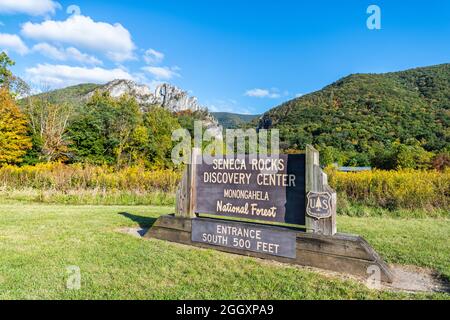 Seneca Rocks vue depuis le panneau du centre de découverte des visiteurs et le bâtiment pendant la saison d'automne et le champ de fleurs sauvages jaune d'or Banque D'Images