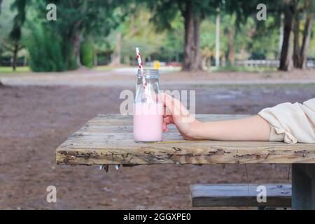 Femme tenant une bouteille de verre de lait de fraise rose avec une paille de papier dans un parc lors d'un pique-nique. Banque D'Images