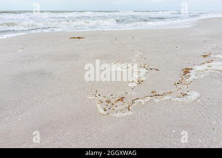 Vue panoramique sur la plage de Vanderbilt à Naples, en Floride, par sable, vagues de tempête de mer avec spectaculaire paysage océanique du golfe du Mexique, FO Banque D'Images