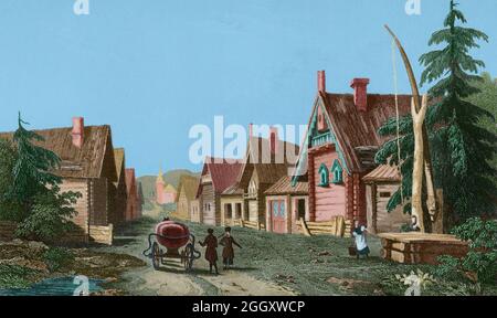 Village russe. Gravure par Lemaitre, Danvin et Pannier. Histoire de la Russie par Jean Marie Chopin (1796-1870). Panorama Universal, édition espagnole, 1839. Coloration ultérieure. Auteur: Peintre français. Augustin François Lemaitre (1797-1870). Graveur et lithographe français. Victor-Marie-Felix Danvin (1802-1842). Banque D'Images