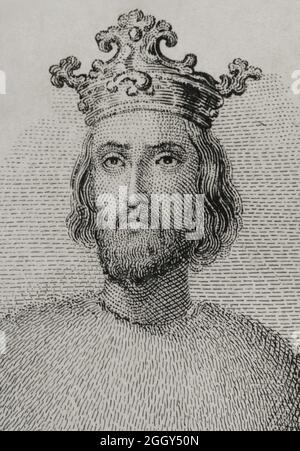 James I le Conquérant (1208-1276). Comte de Barcelone et roi d'Aragon (1213-1276), Valence (1239-1276) et Majorque (1229-1276). Illustration de Puiggarí. Gravure par Amills. Détails. Historia del Rey de Aragón Don Jaime I, el Conquistador (Histoire du Roi d'Aragon Jacques I le Conquérant). Publié à Valence, 1848. Auteur: Puiggarí. Artiste espagnol du XIXe siècle. Amills. Graveur espagnol du XIXe siècle. Banque D'Images