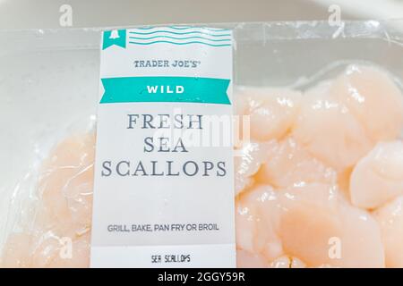 Miami Beach, États-Unis - 21 janvier 2021 : fruits de mer frais de pétoncles sauvages de mer en plastique de Trader Joe's avec instructions de cuisson pour griller, cuire au four ou faire frire b Banque D'Images