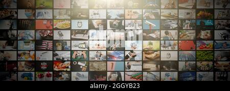 Concept vidéo multimédia sur mur multimédia. Services de diffusion TV, vidéo à la demande Banque D'Images