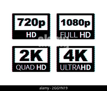 Étiquettes de dimension vidéo. Résolution vidéo 720, 1080, 2k, 4k, badges. Icône Glitch. Illustration du stock vectoriel. Illustration de Vecteur