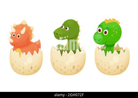 Mettez bébé dinosaure mignon en éclosion d'oeuf dans le style de dessin animé isolé sur fond blanc. Animal, reptile petit monstre adorable. . Illustration vectorielle Illustration de Vecteur