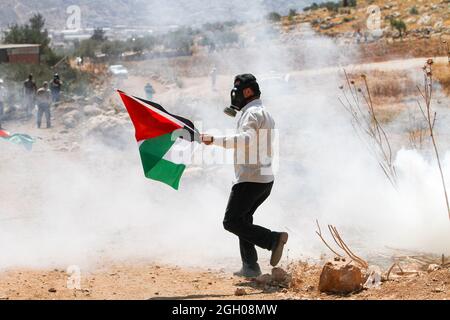 Naplouse, Palestine. 03ème septembre 2021. Un manifestant palestinien tenant un drapeau tandis que fume des bidons de gaz lacrymogènes tirés par les forces israéliennes lors de la manifestation contre les colonies israéliennes dans le village de Beit Dajan près de la ville de Naplouse en Cisjordanie. (Photo de Nasser Ishtayeh/SOPA Images/Sipa USA) crédit: SIPA USA/Alay Live News Banque D'Images