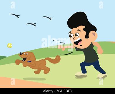 Homme jouant à FETCH avec chien d'animal de compagnie. Joli chien plaqué avec boule. Chien propriétaire chien marchant dans le parc. Illustration de Vecteur