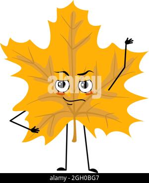 Personnage de feuille d'érable avec les émotions d'un héros, d'un visage, de bras et de jambes courageux. Plante de forêt gaie de couleur jaune d'automne Illustration de Vecteur