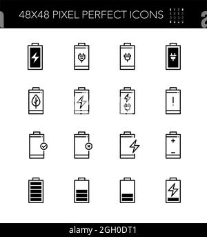 Icônes de charge de la batterie et de l'accumulateur de puissance définies. Pixel parfait, contour modifiable Illustration de Vecteur