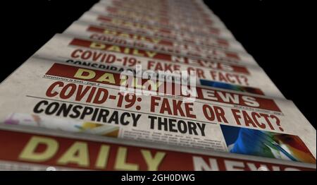 Covid-19 pandémie de nouvelles fake ou fait. Imprimé journal. Concept abstrait de presse vintage. Illustration du rendu 3d rétro. Banque D'Images