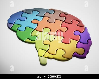 Des pièces de puzzle colorées formant une forme de cerveau humain s'unissent. Illustration 3D. Banque D'Images