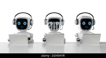 Automatisation les employés de bureau avec un groupe d'assistants de robot de rendu 3d travaillent avec un ordinateur portable Banque D'Images