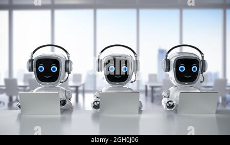 Automatisation les employés de bureau avec un groupe d'assistants de robot de rendu 3d travaillent avec un ordinateur portable Banque D'Images