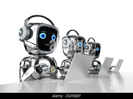 Automatisation les employés de bureau avec un groupe d'assistants de robot de rendu 3d travaillent avec un ordinateur portable Banque D'Images