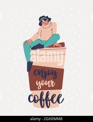 Carte postale avec texte Profitez de votre café. Adorable jeune femme en chandail assis sur une tasse de café géante. Illustration tendance Vector. Illustration de Vecteur