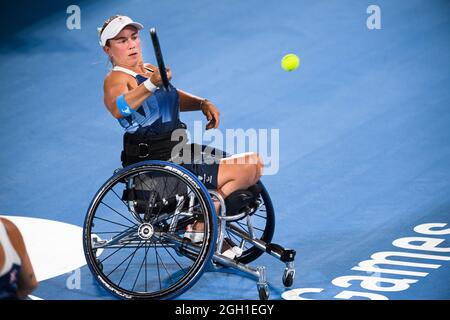 Tokyo, Japon. 04e septembre 2021. TOKYO, JAPON. 04e septembre 2021. Diede de Groot et Aniek van Koot (NED), Lucy Shuker et Jordanne Whiley (GBR) pendant le tennis en fauteuil roulant - les femmes doublent la médaille d'or GBR vs NED - Tokyo 2020 Jeux paralympiques au centre de tennis Ariake le samedi 04 septembre 2021 à TOKYO, JAPON. Credit: Taka G Wu/Alay Live News Credit: Taka Wu/Alay Live News Banque D'Images