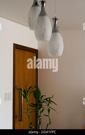 Intérieur d'un appartement résidentiel décoré. Porte en bois et décoration en verre. Banque D'Images