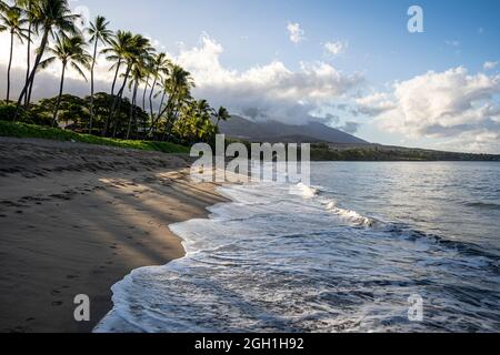 Le soleil se confond à travers de luxuriants palmiers verts tandis que les vagues se roulent tranquillement vers l'intérieur et vers l'extérieur tôt le matin sur la plage Ka'anapali à Lahaina, Maui, Hawaii. Banque D'Images