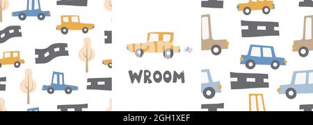 Motifs pour enfants avec voitures. Voitures. Transport. Route. Impression numérique couleur vectorielle dessinée à la main sans couture Illustration de Vecteur