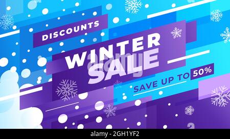 Offre de vente d'hiver. Modèle bleu et violet à utiliser dans votre conception comme prospectus, impression ou bannière. Économisez jusqu'à 50 %. Composition horizontale. Illustration de Vecteur