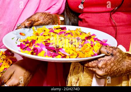 Gros plan d'une femme indienne tenant une assiette avec des pétales de fleur avec le henné dans ses mains Banque D'Images