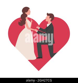 L'homme fait la proposition de mariage à sa petite amie vecteur illustration plate sur le fond du grand coeur rouge. Le couple s'engage. Relation romantique, chute dans le concept d'amour. Illustration de Vecteur