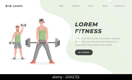 Modèle de site Web d'entraînement en ligne ou de studio de fitness avec espace texte. Joyeux souriant hommes levant des haltères et des cloches et faisant des exercices de sport vecteur plat illustration. Un mode de vie sain. Illustration de Vecteur