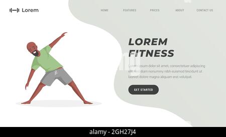 Modèle de page d'accueil de l'entraînement en ligne ou du studio de fitness avec espace texte. Homme souriant étirant et faisant des exercices de sport vecteur illustration plate. Bandeau de style de vie actif sain. Illustration de Vecteur