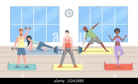 Souriant hommes et femmes dans des vêtements de sport faire de l'entraînement dans le studio de fitness Vector illustration plate. Les gens faisant le yoga et l'étirement, les hommes levant des haltères et des cloches. Un mode de vie sain. Illustration de Vecteur