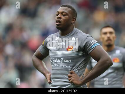 Jordan Dezaria des Catalans Dragons lors du match du week-end de Dacia Magic au parc St James' Park, Newcastle. Date de la photo: Samedi 4 septembre 2021. Banque D'Images