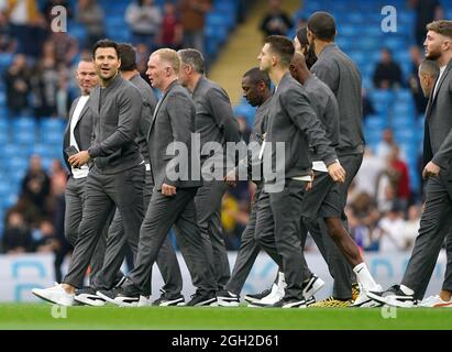 Wayne Rooney, Mark Wright et Paul Scholes en Angleterre avant le match SoccerAid for UNICEF au Etihad Stadium, Manchester. Date de la photo: Samedi 4 septembre 2021. Banque D'Images