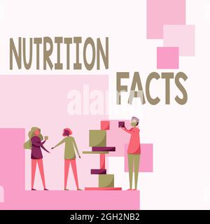 Affiche textuelle montrant les faits nutritionnels. Mot pour des informations détaillées sur un aliment s est contenu en éléments nutritifs trois collègues debout se aidant les uns les autres Banque D'Images