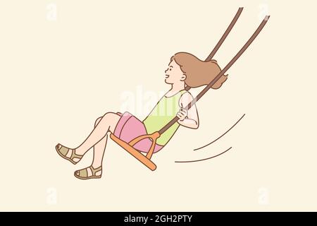 Concept d'activités d'été, enfance heureuse. Jeune fille souriante assise sur balançoire un été ayant amusement extérieur illustration vectorielle Illustration de Vecteur