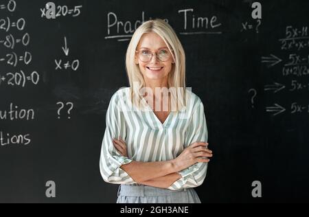 Bonne femme d'âge moyen enseignant de mathématiques à l'école debout au tableau noir, portrait. Banque D'Images