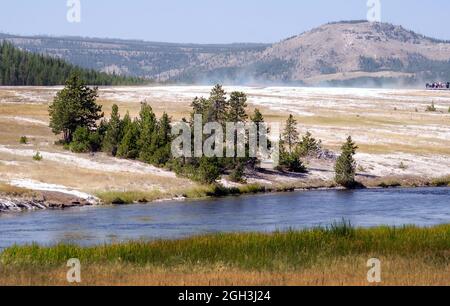 La vapeur des piscines thermales s'élève sur ce paysage spécial dans le parc national de Yellowstone, Wyoming, aux États-Unis Banque D'Images