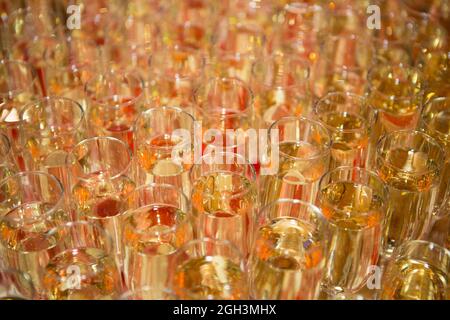 Beaucoup de verres à vin avec un délicieux champagne frais ou vin blanc au bar. Alcool. Beaucoup de verres avec champagne pendant la fête Banque D'Images