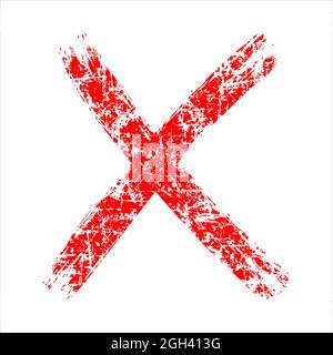 Marque de grunge X rouge. Deux traits de pinceau croisés. Arrière-plan. Texture de détresse des taches, taches, encre, points, rayures. Illustration vectorielle. Style salopant Illustration de Vecteur