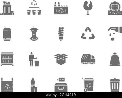 Ensemble d'icônes gris parasites. Benne à ordures, canette à bière, verre brisé, pomme Core et plus encore Illustration de Vecteur