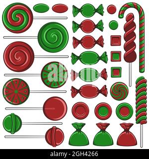 Jeu d'illustrations en couleur avec bonbons rouges et verts de Noël. Objets vectoriels isolés sur fond blanc. Illustration de Vecteur