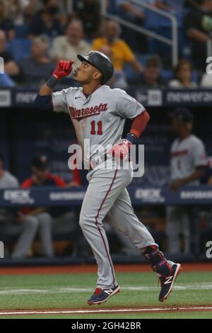 Saint-Pétersbourg, Floride. États-Unis; Minnesota Twins shortstop Jorge Polanco (11) célèbre après s'être classé en tête du cinquième repas lors d'une ligue majeure Banque D'Images