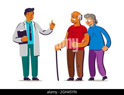 Patients âgés et médecin. Les bénévoles aident les personnes âgées handicapées. Illustration vectorielle Illustration de Vecteur