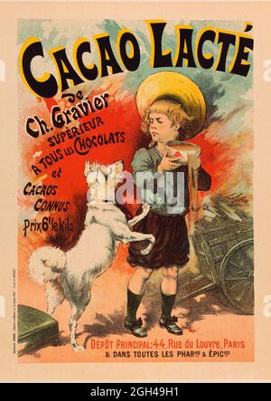 Affiche publicitaire française vendant boisson au cacao au chocolat. Un garçon à côté d'un chariot tient une tasse de cacao chaud essayant du garder hors de portée d'un chien blanc bondissant 1893 artiste: Lucien Lefèvre Banque D'Images