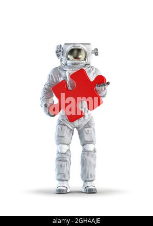 Astronaute de puzzle - illustration 3D d'une combinaison d'espace portant une figure mâle tenant une grande pièce de puzzle rouge isolée sur fond blanc de studio Banque D'Images