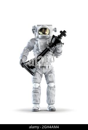 Astronaute joueur d'échecs - illustration 3D d'un costume d'espace portant une figure mâle tenant une grande pièce noire de roi isolée sur fond blanc de studio Banque D'Images