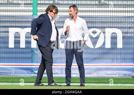 Stade Riccardo Garrone, Bogliasco (GE), Italie, 04 septembre 2021, Marco Palmieri, responsable féminin de Sampdoria, et Antonio Cincotta (Sampdoria) chef co Banque D'Images