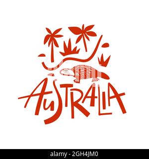 Carte stylisée vectorielle dessinée à la main de l'Australie. Illustration de voyage de la forme du Commonwealth d'Australie. Illustration avec lettrage dessiné à la main. Terres du sud ma Illustration de Vecteur