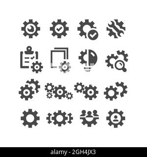 Engrenages, jeu d'icônes vecteur noir de roue dentée. Presse-papiers, ressources humaines, paramètres engrenage et icônes de cogs. Illustration de Vecteur