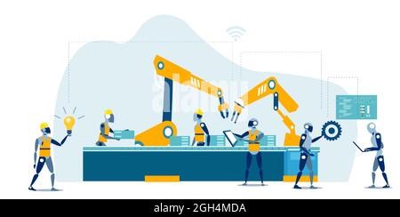 Vecteur d'un processus de production industriel intelligent avec ligne robotique Illustration de Vecteur